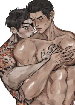 2boys bara black_hair blush closed_eyes curtained_hair eyepatch facial_hair goatee grabbing_another's_pectorals highres hug hug_from_behind irezumi kiryu_kazuma large_pectorals majima_goro male_focus multiple_boys muscular muscular_male pale_skin pectorals puffy_male_chest ryuu_ga_gotoku_(series) ryuu_ga_gotoku_1 sotenborinpc soul_patch sweatdrop tattoo topless_male undercut upper_body yaoi