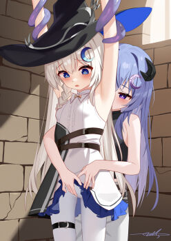 2girls armpits arms_up belt blue_eyes blue_hair blue_skirt braid breasts dress fingering fingering_from_behind fingering_through_clothes fingering_through_panties hair_ornament hat horns long_hair multiple_girls original pantyhose purple_eyes restrained single_braid skirt small_breasts tentacles thigh_strap through_clothes white_dress white_hair white_pantyhose witch_hat yuri zds