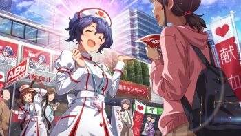 4boys 4girls :d ^_^ blue_hair blush breasts card_commentary city closed_eyes commentary_request day dress faceless faceless_female faceless_male game_asset hat heart idolmaster idolmaster_million_live! idolmaster_million_live!_theater_days juliet_sleeves lanyard long_sleeves matsuda_arisa multiple_boys multiple_girls nurse nurse_cap official_alternate_hairstyle official_art open_mouth outdoors ponytail puffy_sleeves red_trim short_hair smile standing third-party_source toyokawa_fuka white_dress