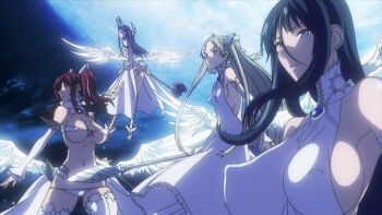 Rule 34 | 4girls, angel wings, animated, animated png, bare shoulders, bikini, blue eyes, blue hair, bouncing breasts, breasts, choker, covered erect nipples, detached sleeves, flying, front-tie top, hair between eyes, halterneck, holding, honjou raita, huge breasts, jewelry, kuramoto erika, large breasts, long hair, looping animation, lowleg, magical girl, mahou shoujo (raita), moon, multiple girls, navel, nipples, nitta yui, polearm, puffy sleeves, red eyes, red hair, revealing clothes, sasaki kotone, sideboob, sidelocks, spear, string bikini, suzuhara misa, swimsuit, thighhighs, very long hair, weapon, white legwear, wings, zettai junpaku mahou shoujo