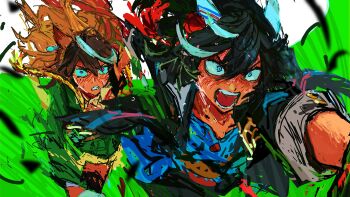 2girls animal_ears ascot belt black_hair black_jacket black_pants black_thighhighs blazer blue_shirt blush brown_belt brown_hair clenched_teeth collared_jacket commentary cowboy_shot crying crying_with_eyes_open day determined dot_nose ear_covers ear_ornament english_commentary frilled_skirt frills gold_buttons grass green_jacket green_skirt hair_ornament highres horse_ears horse_girl horse_tail jacket jewelry katsuragi_ace_(dragon_rising_to_the_top)_(umamusume) katsuragi_ace_(umamusume) leaning_forward long_hair long_sleeves looking_ahead medium_hair miniskirt multicolored_hair multiple_girls open_clothes open_jacket open_mouth outdoors outstretched_arm pants pendant pleated_skirt ponytail purple_eyes racing red_belt running shirt short_ponytail single_thighhigh sketch skirt sky sleeve_cuffs sphere_hair_ornament streaked_hair streaming_tears suaviterra sweat symboli_rudolf_(emperor&#039;s_path)_(umamusume) symboli_rudolf_(umamusume) tail tassel tassel_hair_ornament tears teeth thighhighs umamusume very_long_hair white_ascot white_sky