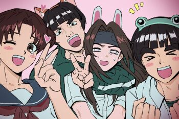 &gt;_&lt; 1girl 3boys :d animal_ear_hairband animal_ears black_hair blunt_bangs blush_stickers bowl_cut brown_eyes brown_hair cat_ear_hairband cat_ears collared_shirt double_bun fake_animal_ears furrowed_brow green_jacket grey_eyes grey_sailor_collar hair_bun hairband hyuuga_neji jacket lodoae might_guy multiple_boys naruto_(series) neckerchief no_pupils one_eye_closed open_mouth pink_background rabbit_ear_hairband rabbit_ears red_neckerchief rock_lee sailor_collar school_uniform shirt short_hair short_sleeves smile sweatdrop tenten_(naruto) thick_eyebrows track_jacket upper_body v white_shirt xd