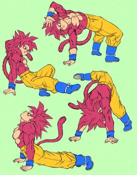 Rule 34 | 1boy, abs, blue boots, boots, commentary request, dragon ball, dragon ball daima, expressionless, frown, highres, lee (dragon garou), male focus, monkey tail, muscular, muscular male, panties, pectorals, red eyes, red fur, red hair, son goku, stretching, super saiyan, super saiyan 4, tail, topless male, underwear, wristband, yellow panties