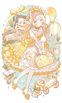 1girl apron artist_name balloon bell_jar bonnet book bow braid buttons cake cake_slice center_frills closed_mouth commentary_request cup dress empty_picture_frame floating_hair floral_print flower food footwear_bow frilled_bonnet frilled_skirt frills full_body gown hair_intakes hairband hat hat_bow hat_flower high_heels highres holding holding_suitcase honey hoshifuru_akiyo jar juliet_sleeves knees_together_feet_apart long_hair long_sleeves looking_at_viewer macaron mimosa_(flower) no_pupils open_book original pantyhose petticoat picture_frame puffy_sleeves pushcart serving_cart shoes sidelocks simple_background skirt skirt_bow smile solo standing sugar_cube suitcase tea teacup teapot twitter_username vest waist_apron watering_can watermark wavy_hair wheel white_background white_bow white_hairband white_pantyhose yellow_bow yellow_eyes yellow_flower yellow_hat yellow_shoes yellow_skirt yellow_vest