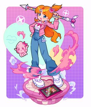 1girl absurdres artist_self-insert belt belt_charm blue_eyes blue_pants border bow bowtie charm_(object) commentary creature denim dot_nose drawing_tablet english_commentary full_body hair_ornament heart heart_hair_ornament highres holding holding_wand indie_virtual_youtuber jacket jeans long_hair looking_at_viewer marikyuunn marikyuunn_(vtuber) marikyuunn_(classic)_(vtuber) open_clothes open_jacket orange_hair pants pink_bow pink_bowtie pink_jacket ponytail shirt shoes short_ponytail smoke sneakers solo sparkle standing tamagotchi tamagotchi_(virtual_pet) virtual_pet_(toy) virtual_youtuber wand white_border white_shirt white_shoes