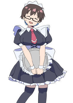 2020s 2025 absurdres apron blue_hair breasts brown_hair embarrassed glasses highres imari_youko large_breasts leggings lorimas maid maid_apron maid_cafe maid_headdress metal_plate multicolored_hair nervous nervous_smile nervous_sweating pantyhose plate ruri_no_houseki short_hair smile sweat sweatdrop tie white_background