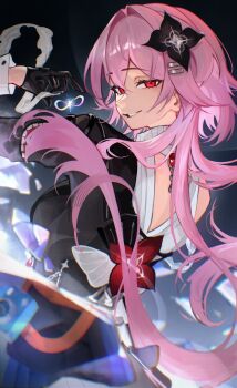 1girl absurdres arm_up back_cutout black_background black_dress black_flower black_gloves breasts camera clothing_cutout dress evernight_(honkai:_star_rail) evil_grin evil_smile flower from_behind gloves grin hair_flower hair_ornament highres honkai:_star_rail honkai_(series) long_hair m3ru march_7th_(honkai:_star_rail) medium_breasts pink_hair red_eyes red_flower shards shirt smile solo upper_body white_shirt