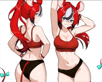 1girl alternate_costume animal_ear_fluff animal_ears arm_behind_head arm_up ass black_buruma black_hair blue_bow blue_eyes bow bracelet breasts bright_pupils buruma cleavage commentary cowboy_shot crossed_bangs double-parted_bangs floating_hair from_behind grin hair_between_eyes hakos_baelz hands_on_own_hips hololive hololive_english jewelry large_breasts linea_alba long_hair looking_at_viewer looking_back midriff mouse_ears mouse_girl mouse_tail multicolored_hair multiple_views navel ponytail red_hair red_sports_bra simple_background smile sports_bra standing streaked_hair tail tail_bow tail_ornament thigh_gap toned toned_female ttsyrene virtual_youtuber white_background white_hair white_pupils