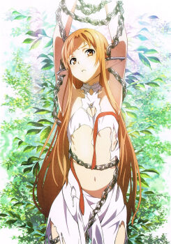 1girl absurdres armpits arms_up asuna_(sao) asuna_(sao-alo) bdsm blush bondage bound bound_arms braid breasts brown_eyes brown_hair chain chained cleavage collarbone disgust dot_nose dress elf grass highres leaf legs long_hair looking_at_viewer medium_breasts midriff navel open_mouth pointy_ears scan scan_artifacts sleeveless sleeveless_dress stomach sword_art_online teeth thighs titania_(sao) torn_clothes torn_dress very_long_hair white_dress
