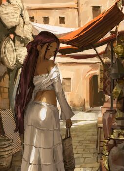 1girl awning bag bare_shoulders basket brown_bag closed_eyes closed_mouth commentary crop_top dark_skin day demi_(nashidrop) doorway facing_to_the_side from_behind half_updo highres holding holding_bag long_hair long_skirt long_sleeves market middle_eastern_architecture midriff nashidrop off-shoulder_shirt off_shoulder original outdoors parted_bangs path pottery purple_hair road shirt sidelocks skirt solo straight_hair tan twitter_username very_long_hair white_shirt white_skirt window