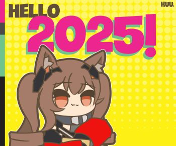 1girl 2025 :3 :d angelina_(arknights) animal_ear_fluff animal_ears animated animated_gif arknights arknights:_endfield arm_up artist_name black_gloves brown_hair chibi commentary confetti dress drill_hair english_commentary fox_ears gilberta_(arknights) gloves grey_dress headgear highres jacket kuhl-notes low_drills new_year no_nose no_pupils open_clothes open_jacket open_mouth red_eyes red_jacket sidelocks smile solo throwing twin_drills upper_body yellow_background