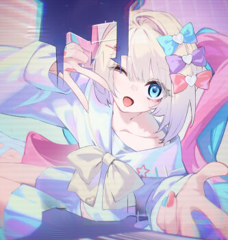 Rule 34 | 1girl, ;d, absurdres, blonde hair, blue eyes, blue hair, blue serafuku, blunt bangs, bow, chest bow, chouzetsusaikawa tenshi-chan, colored tips, commentary request, double v, feet out of frame, glitch art, hair bow, highres, holographic interface, iridescent clothes, looking at viewer, midriff peek, multicolored hair, multiple hair bows, needy girl overdose, one eye closed, open mouth, paopaojiu, pink hair, quad tails, school uniform, serafuku, smile, solo, v