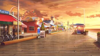 beach bicycle bicycle_rack bistro_table boardwalk bush carnival chair cloud cloudy_sky english_text ferris_wheel glowing highres horizon lamppost lens_flare no_humans non-web_source official_art our_life our_life:_beginnings_and_always outdoors roller_coaster scenery shore sign sky sunset trash_can tree variant_set vending_cart water window wooden_chair wooden_floor