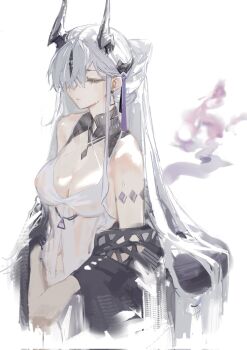 1girl arknights bare_shoulders bikini black_collar black_horns black_tail breasts cleavage closed_eyes closed_mouth collar corrupted_twitter_file covered_erect_nipples criss-cross_halter cropped_torso detached_collar dragon_girl dragon_horns earrings expressionless facing_ahead fire flame-tipped_tail hair_flowing_over hair_ornament hair_over_one_eye half_updo halterneck hashtag-only_commentary highres horns jewelry large_breasts long_hair nbrush19 necrass_(arknights) necrass_(summer_flowers)_(arknights) see-through_clothes see-through_shirt shirt solo swimsuit swimsuit_cover-up tail tassel tassel_hair_ornament triangle_earrings very_long_hair white_background white_bikini white_hair white_shirt