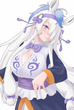 Rule 34 | 1girl, absurdres, animal ears, blue eyes, blue hair, bow, bowtie, breasts, chinese clothes, cleavage, extra ears, gyokuryu (kemono friends), hair ornament, hair over one eye, highres, horse ears, horse girl, kemono friends, kemono friends 3, long hair, looking at viewer, multicolored hair, ribbon, simple background, solo, toriny, two-tone hair, white hair