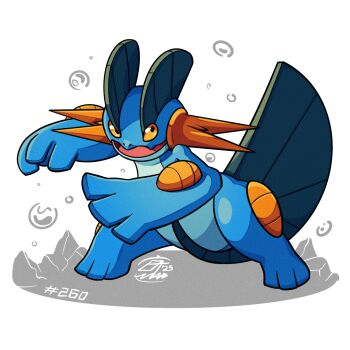 Rule 34 | blue skin, bubble, colored skin, gen 3 pokemon, looking at viewer, mistray-art, nintendo, no humans, numbered, open mouth, orange eyes, pokemon, pokemon (creature), signature, simple background, solo, swampert, tail, white background