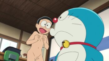 1boy anime_screenshot bell black_hair collar doraemon doraemon_(character) foreskin glasses indoors male_focus nobi_nobita nude open_mouth penis phimosis shota third-party_edit whiskers