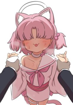 1boy 1girl bare_shoulders basukechi blue_archive chlorella_observation_club_member_(blue_archive) loli sweat tongue tongue_out white_background