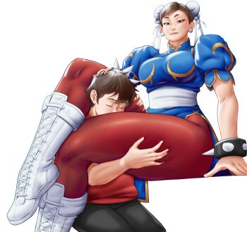 1boy 1girl absurdres bed blonde_hair blush boots bracelet breasts brown_eyes capcom china_dress chinese_clothes chun-li chun-li_fan commission commissioner_upload croissama dress earrings flustered grabbing_another's_thighs hair_buns head_between_thighs highres jewelry kiss kissing_thigh large_breasts leggings legs lipstick makeup pantyhose red_pantyhose simple_background sitting skirt smile spiked_bracelet spikes squeezing street_fighter thick_thighs thigh_grab thighs white_background white_boots