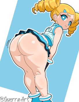 1girl ass ass_focus blonde_hair blue_eyes bottomless bubbles_(ppg) cartoon_network female_focus guerraart hair_ornament hairclip huge_ass kyojiri_loli legs loli no_panties powerpuff_girls powerpuff_girls_z shiny_skin shoes skirt sleeveless solo standing thick_thighs thighs toei_company twintails