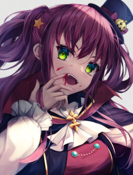 Rule 34 | 1girl, absurdres, ascot, battle spirits, black hat, blood, blood from mouth, blood on face, cloak, close-up, commentary request, fangs, green eyes, hair ornament, hat, highres, howardlei99, long hair, looking at viewer, mini hat, mini top hat, noa fleur, open mouth, red hair, solo, star (symbol), star hair ornament, teeth, top hat, two side up, upper body, upper teeth only, vampire, vampire costume, white ascot