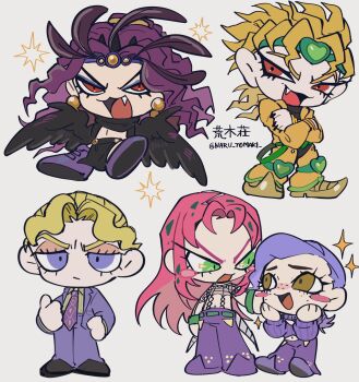 5boys battle_tendency belt black_shirt black_wings blonde_hair blue_eyes brown_eyes chibi chibi_only collared_shirt commentary_request crossed_arms diamond_wa_kudakenai diavolo dio_brando earrings fang feathered_wings feathers fishnet_top fishnets formal_clothes freckles green_belt green_eyes green_headband green_shirt hands_on_own_face headband heart_ornament highres jacket jewelry jojo_no_kimyou_na_bouken kars_(jojo) kira_yoshikage knee_pads long_hair makeup male_focus multiple_boys naru_tomaki navel necktie open_mouth pants pink_hair pointy_shoes purple_eyes purple_hair purple_jacket purple_necktie purple_pants purple_shoes purple_sweater red_eyes shirt shoes short_hair smile sparkle stardust_crusaders suit sweater vento_aureo vinegar_doppio white_background wings yellow_jacket yellow_pants