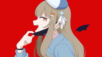 Rule 34 | 1girl, absurdres, aka tadaima, bandaid, bandaid on neck, blue shirt, brown hair, collared shirt, commentary request, detached wings, eyelashes, facial mark, fangs, fish hair ornament, hair ornament, hairclip, heart, heart facial mark, highres, long hair, long sleeves, open mouth, red background, shirt, simple background, solo, vampire (vocaloid), wings