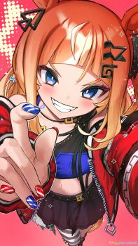 Rule 34 | 1girl, absurdres, animal ears, asymmetrical legwear, belt, black skirt, blue eyes, blue nails, blue sports bra, blush, breasts, commentary request, espoir city (red devil gear) (umamusume), espoir city (umamusume), fang, gold buckle, grin, hair ornament, highres, horse earrings, horse ears, horse girl, horse tail, jacket, kneehighs, long hair, looking at viewer, midriff, multicolored hair, multicolored nails, navel, nerutora, open mouth, orange hair, panty straps, red jacket, red nails, single thighhigh, skirt, small breasts, smile, socks, solo, sports bra, tail, teeth, thighhighs, umamusume, uneven legwear