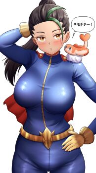 1girl absurdres alternate_costume arm_behind_head belt black_hair blue_bodysuit blush bodysuit breasts brown_eyes capelet closed_mouth commentary_request cosplay dark-skinned_female dark_skin dragon_tamer_(pokemon) dragon_tamer_(pokemon)_(cosplay) eyelashes freckles gloves green_hair hand_on_own_hip hand_up highres kiteman442 large_breasts long_hair looking_at_viewer multicolored_hair nemona_(pokemon) nintendo on_shoulder pokemon pokemon_(creature) pokemon_on_shoulder pokemon_sv ponytail red_capelet simple_background tatsugiri tatsugiri_(curly) two-tone_hair white_background yellow_belt yellow_gloves zipper zipper_pull_tab