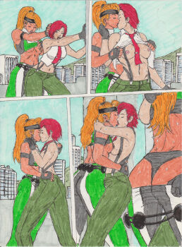 2girls breasts breasts_out female_focus hairband headband kiss long_hair mortal_kombat_(series) multiple_girls orange_hair outdoors pants ponytail red_hair shadman-art short_hair sonya_blade the_king_of_fighters vanessa_(kof) yuri