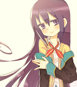 10s 1girl cardigan female_focus gj-bu long_hair off_shoulder purple_eyes purple_hair school_uniform simple_background solo sumeragi_shion symbol-shaped_pupils tank_(artist) upper_body white_background
