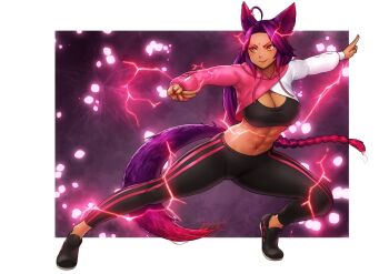 1girl abs ahoge animal_ears bindi black_pants black_sports_bra border borrowed_character braid braided_ponytail breasts brown_eyes cleavage cropped_hoodie drawstring edie_crop_hoodie erkaz full_body hood hoodie iori_(ryushiko) large_breasts lightning long_hair long_sleeves midriff navel original pants purple_hair smile solo sports_bra tail very_long_hair white_border