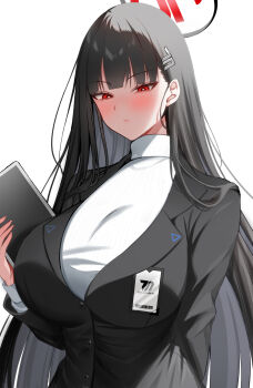 1girl aozora_nan black_hair black_jacket black_suit blue_archive blush breasts formal_clothes hair_ornament hairclip halo highres jacket large_breasts long_hair long_sleeves looking_at_viewer red_eyes rio_(blue_archive) solo suit sweater tablet_pc turtleneck turtleneck_sweater white_sweater