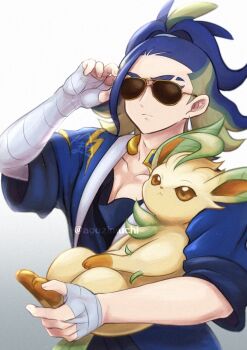 1boy :< adaman_(pokemon) adjusting_eyewear bandaged_arm bandaged_hand bandages blue_hair blue_jacket brown-tinted_eyewear chimaki_(agozimuchi) closed_mouth collarbone commentary_request eyebrow_cut fingernails gen_4_pokemon green_hair highres holding holding_pokemon jacket leafeon male_focus medium_hair multicolored_hair nintendo pokemon pokemon_(creature) pokemon_legends:_arceus short_sleeves sunglasses tinted_eyewear twitter_username two-tone_hair upper_body