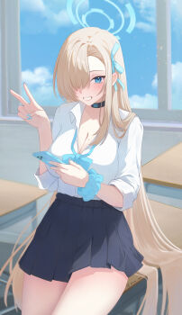 1girl absurdres asuna_(blue_archive) asuna_(school_uniform)_(blue_archive) azurarts black_skirt blonde_hair blue_archive blue_bow blue_bowtie blue_eyes blue_halo blush bow bowtie breasts cellphone choker cleavage collarbone commentary grin hair_over_one_eye hair_ribbon halo highres holding holding_phone large_breasts long_hair looking_at_viewer mole mole_on_breast on_table phone pleated_skirt ribbon scrunchie shirt sitting skirt sleeves_rolled_up smartphone smile solo table thighs v very_long_hair white_shirt wrist_scrunchie