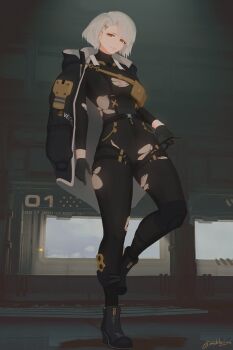 1girl absurdres ankle_boots black_boots black_gloves black_jacket black_leggings black_shirt boots breasts girls&#039;_frontline girls&#039;_frontline_2:_exilium gloves grey_hair highres jacket jacket_on_shoulders large_breasts leggings looking_at_viewer nishibuya open_clothes open_jacket pants shirt short_hair skin_tight solo standing standing_on_one_leg torn_clothes torn_pants torn_shirt twitter_username variant_set vector_(girls&#039;_frontline) vector_(girls&#039;_frontline_2) yellow_eyes