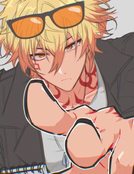 1boy absurdres black_jacket blonde_hair braid collared_shirt commentary facial_tattoo gradient_hair gyosutlqkf highres honkai:_star_rail honkai_(series) jacket male_focus medium_hair multicolored_hair mydei_(honkai:_star_rail) nail_polish neck_tattoo open_clothes open_jacket red_hair red_tattoo shirt side_braid solo tattoo white_shirt yellow_eyes