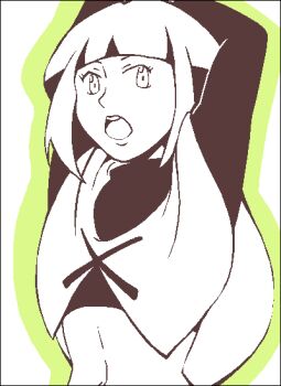 1girl aliasing arms_up gardenia_(pokemon) greyscale looking_at_viewer midriff monochrome navel nintendo open_mouth pokemon pokemon_dppt poncho solo undershirt upper_body