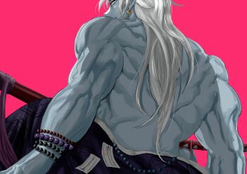 1girl absurdres back back_focus back_muscles backless_kimono backless_outfit bare_back bead_bracelet bead_necklace beads blue_ogre blue_oni blue_skin bracelet colored_skin deltoids earrings from_behind fujimura_teruyo_(blue_ogre) highres japanese_clothes jewelry katana kimono looking_back median_furrow muscular muscular_female muscular_male necklace obliques oni original scabbard sheath sheathed shoulder_blades shredded_muscles sword triceps v-taper warrior weapon white_hair