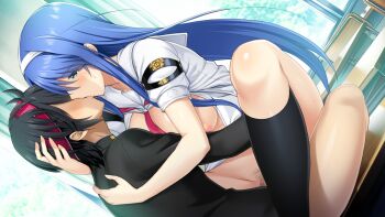 Rule 34 | 1boy, 1girl, black hair, black shirt, blue eyes, blue hair, bottomless, breasts, choukou (alicesoft), choukou shinki ixseal, choukou taisen escalation heroines, desk, ellis xillia, game cg, ikusabe tokisada, kiss, large breasts, long hair, on desk, onigirikun, open clothes, open shirt, sex, shirt, sitting, straddling, vaginal, white shirt