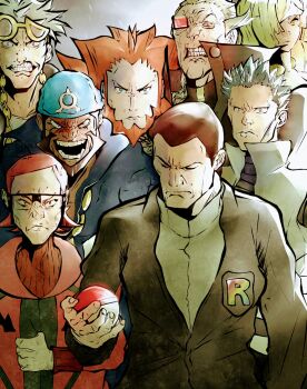 1girl 6+boys archie_(pokemon) bandana beard black_hair black_jacket blonde_hair blue_bandana brown_hair chain chain_necklace clenched_teeth closed_eyes closed_mouth cyrus_(pokemon) eyewear_on_head facial_hair frown ghetsis_(pokemon) giovanni_(pokemon) goggles goggles_on_head green_eyes green_hair grey_hair guzma_(pokemon) hair_over_one_eye highres holding holding_poke_ball invincible_(series) jacket jewelry kusaki0117 looking_at_viewer lusamine_(pokemon) lysandre_(pokemon) male_focus maxie_(pokemon) meme multiple_boys mustache necklace nintendo open_mouth orange_hair poke_ball poke_ball_(basic) pokemon pokemon_black_2_and_white_2 pokemon_diamond/pearl/platinum pokemon_omega_ruby_and_alpha_sapphire pokemon_sun_and_moon pokemon_ultra_sun_and_ultra_moon pokemon_x_and_y popped_collar red_hair rogues'_gallery scouter shirt short_hair smile spiked_hair sunglasses team_aqua team_magma team_rainbow_rocket team_skull teeth viltrumite_group_shot_(meme) white_shirt yellow-framed_eyewear