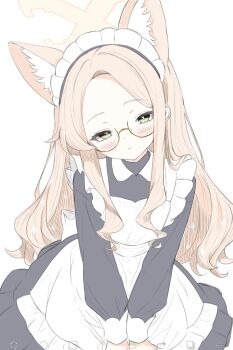 1girl alternate_costume alternate_eye_color animal_ear_fluff animal_ears apron art_program_in_frame bespectacled black_dress blonde_hair blue_archive blush bright_pupils closed_mouth commentary_request cowboy_shot dress enmaided extra_ears eyelashes forehead fox_ears fox_girl frilled_apron frills glasses green_eyes hair_over_shoulder halo head_tilt highres ibispaint_(medium) long_hair long_sleeves maid maid_apron maid_headdress parted_bangs round_eyewear seia_(blue_archive) sidelocks simple_background smile solo v_arms very_long_hair wa_sumi wavy_ends white_apron white_background white_pupils yellow_halo
