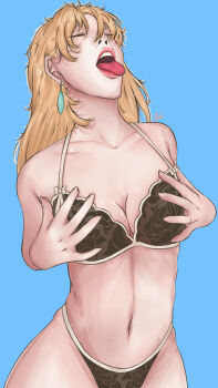 1girl aquaaqua battle_tendency black_bra black_panties blonde_hair bra closed_eyes highres jojo_no_kimyou_na_bouken panties suzi_q tongue tongue_out underwear