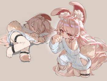 1girl alternate_costume animal_ear_fluff animal_ears animal_feet anklet bare_shoulders bright_pupils closed_eyes closed_mouth cropped_legs dress furry furry_female grey_background hand_on_own_chin hand_up head_on_pillow highres jewelry long_hair looking_to_the_side lying multiple_views off_shoulder on_side pillow pink_fur pink_hair rabbit_ears rabbit_girl rabbit_tail red_eyes ribbed_sweater short_eyebrows sweater sweater_dress tail thick_eyebrows thigh_strap tooraracat white_pupils white_sweater zenless_zone_zero zhao_(zenless_zone_zero)