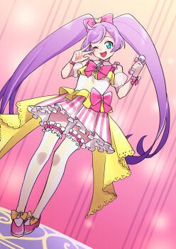1girl ;d ahoge bow commentary_request detached_sleeves dress frilled_thighhighs frills full_body gradient_background hair_bow hands_up highres holding holding_microphone idol_clothes long_hair looking_at_viewer manaka_laala microphone multicolored_dress one_eye_closed open_mouth pink_background pink_bow pink_shoes pretty_series pripara puffy_detached_sleeves puffy_sleeves purple_hair shoes smile solo standing tamaki_(tttmaki3388) thighhighs treble_clef twintails very_long_hair w w_over_eye white_thighhighs