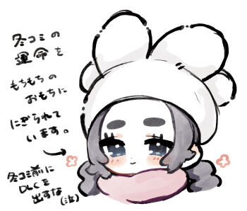 Rule 34 | 1girl, ansha (pokemon), arrow (symbol), blush, closed mouth, commentary request, eyelashes, grey eyes, happy, hat, highres, long hair, nintendo, no z2z, pink scarf, pokemon, pokemon legends: z-a, scarf, smile, solo, translation request, white background, white hat