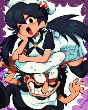 &gt;:) 1boy 1girl ;d absurdres angry asymmetrical_eyes black_footwear black_hair black_pants black_sleeves black_thighhighs breasts brick brick_wall bulging_eyes cartoonized chef chef_hat collar eye_twitch facial_hair flying_sweatdrops food food-themed_hair_ornament genderswap genderswap_(mtf) hand_on_own_cheek hand_on_own_face hat highres long_mustache medium_breasts mustache one_eye_closed open_mouth oversized_hat pants peppina_ramen_(ketrindarkdragon) peppino_spaghetti pizza pizza_hair_ornament pizza_tower pleated_skirt satanmanse shirt short_twintails skirt smile sweat sweatdrop thighhighs toon_(style) twintails v-shaped_eyebrows white_shirt white_skirt