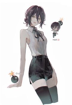 1girl black_choker black_ribbon chainsaw_man choker dynamite explosive green_eyes grenade_pin hair_between_eyes hair_bun hattaea highres neck_ribbon pull_cord reze_(chainsaw_man) ribbon shirt shirt_tucked_in single_hair_bun sleeveless sleeveless_shirt solo