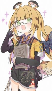1girl adjusting_eyewear animal_ear_fluff animal_ears black_shorts blonde_hair blush book bow colored_inner_hair commentary_request cowboy_shot fang glasses green_eyes high-waist_shorts highres holding holding_book inaririn jacket ju_fufu looking_at_viewer multicolored_hair open_mouth shorts simple_background solo striped_fur striped_hair tail tail_bow tail_ornament tiger_ears tiger_girl tiger_stripes tiger_tail v-shaped_eyebrows white_background yellow_jacket zenless_zone_zero