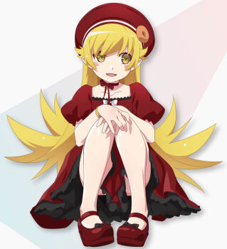 1girl absurdres bare_arms bare_legs beret black_bow blonde_hair blush_stickers bow bracelet clothes_between_thighs colored_petticoat dot_nose dress dress_bow fangs flat_chest flipped_hair footwear_bow gradient_background hair_between_eyes hair_flaps hands_on_own_knees hat hat_ornament highres jewelry legs_together long_hair looking_to_the_side mary_janes monogatari_(series) neck_ribbon non-web_source official_art open_mouth oshino_shinobu pointy_ears puffy_short_sleeves puffy_sleeves red_dress red_hat red_ribbon red_shoes ribbon ringed_eyes shoes short_sleeves smile solo square_neckline squatting triangle_background vampire very_long_hair white_background white_bow yellow_eyes